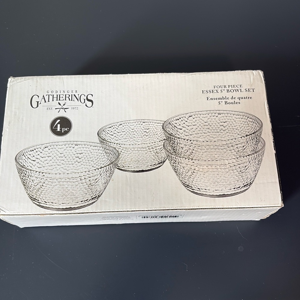 New In Box Godinger Gatherings Four Piece Essex Bowl Set.  Box Shows Wear